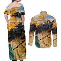 Guatemala Country Pride Couples Matching Off Shoulder Maxi Dress and Long Sleeve Button Shirt Grunge Map Art with National Landmark Flag Texture - Wonder Print Shop