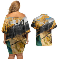 Guatemala Country Pride Couples Matching Off Shoulder Short Dress and Hawaiian Shirt Grunge Map Art with National Landmark Flag Texture - Wonder Print Shop
