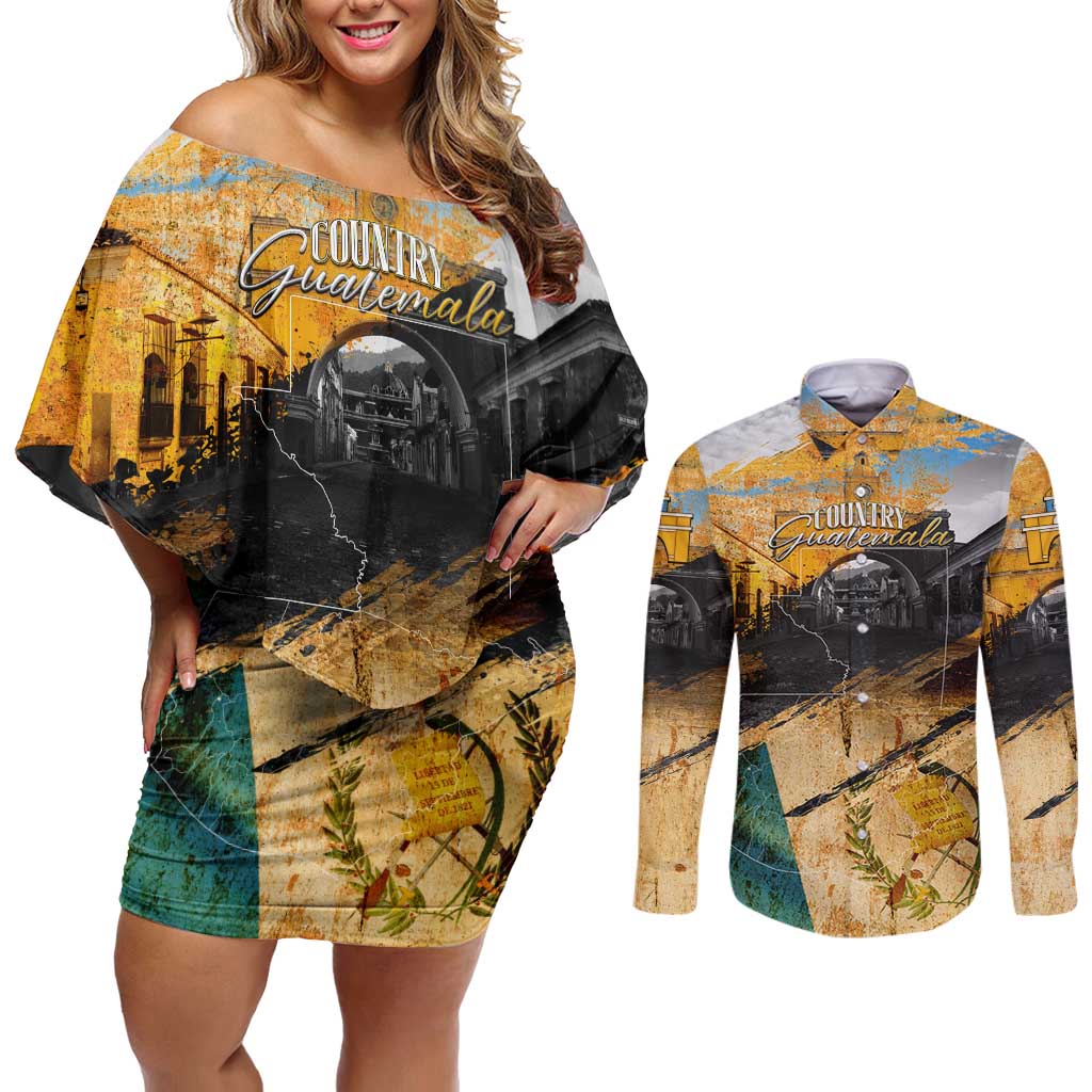 Guatemala Country Pride Couples Matching Off Shoulder Short Dress and Long Sleeve Button Shirt Grunge Map Art with National Landmark Flag Texture - Wonder Print Shop