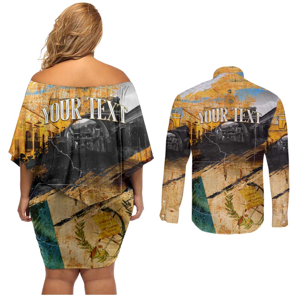 Guatemala Country Pride Couples Matching Off Shoulder Short Dress and Long Sleeve Button Shirt Grunge Map Art with National Landmark Flag Texture - Wonder Print Shop