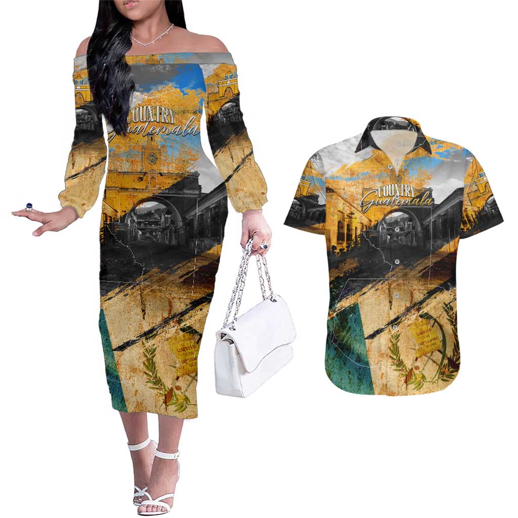 Guatemala Country Pride Couples Matching Off The Shoulder Long Sleeve Dress and Hawaiian Shirt Grunge Map Art with National Landmark Flag Texture - Wonder Print Shop
