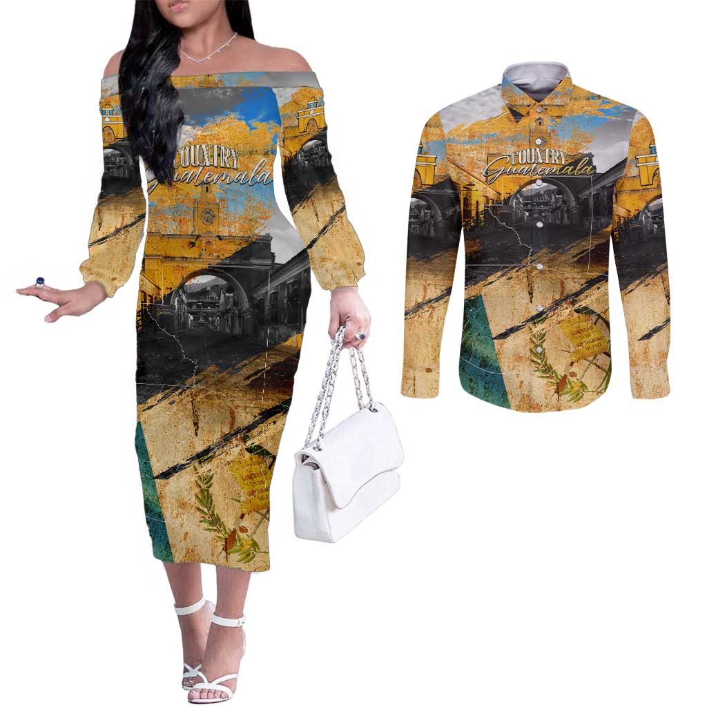 Guatemala Country Pride Couples Matching Off The Shoulder Long Sleeve Dress and Long Sleeve Button Shirt Grunge Map Art with National Landmark Flag Texture - Wonder Print Shop