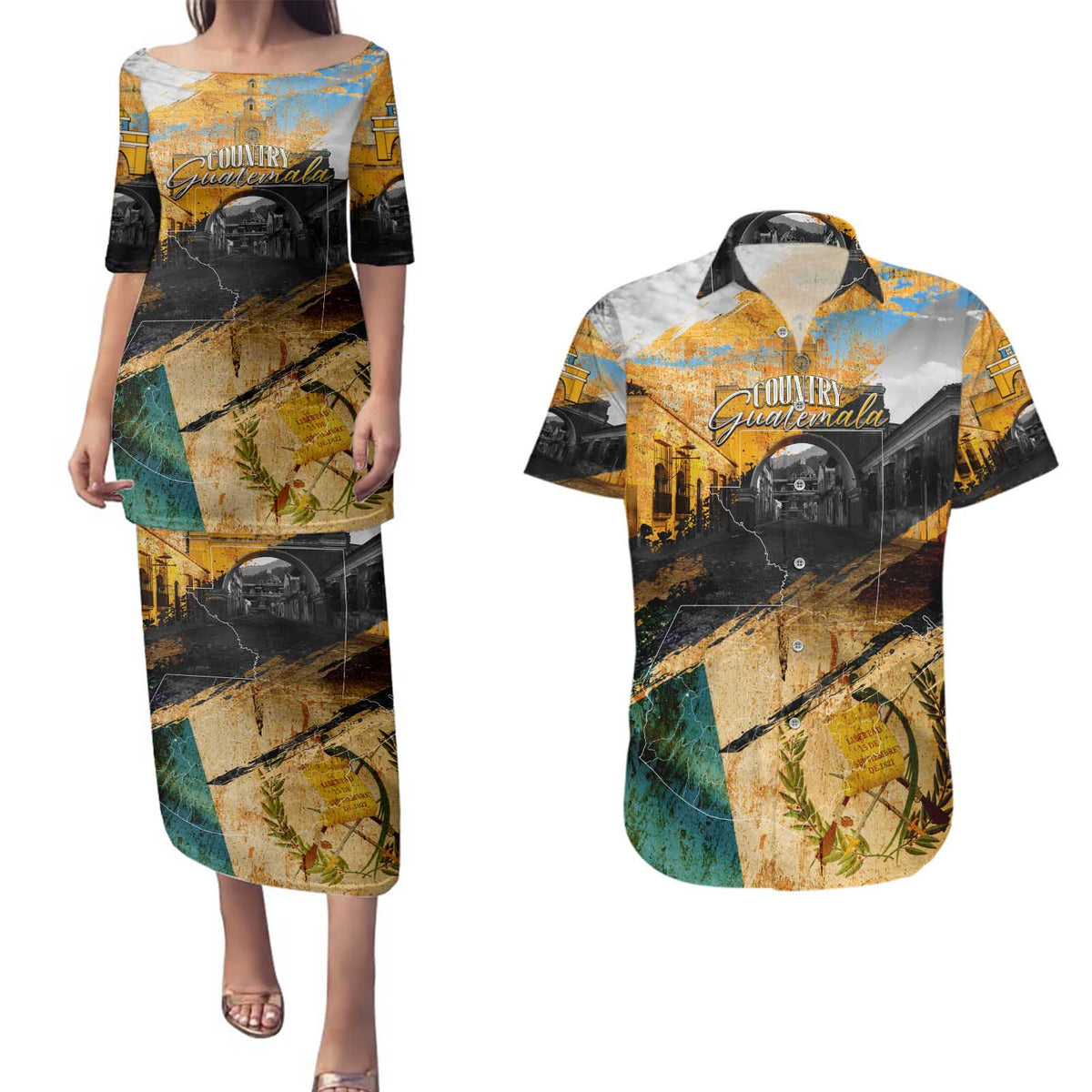 Guatemala Country Pride Couples Matching Puletasi and Hawaiian Shirt Grunge Map Art with National Landmark Flag Texture - Wonder Print Shop