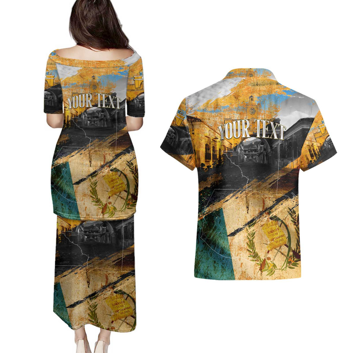 Guatemala Country Pride Couples Matching Puletasi and Hawaiian Shirt Grunge Map Art with National Landmark Flag Texture - Wonder Print Shop
