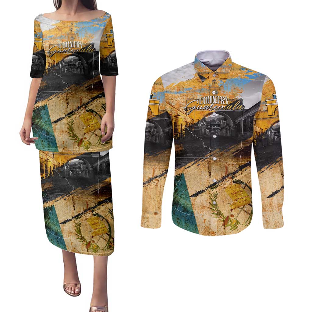 Guatemala Country Pride Couples Matching Puletasi and Long Sleeve Button Shirt Grunge Map Art with National Landmark Flag Texture - Wonder Print Shop