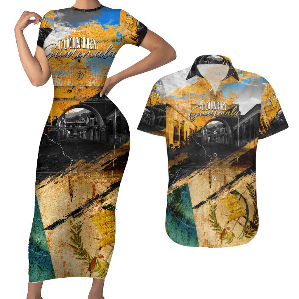 Guatemala Country Pride Couples Matching Short Sleeve Bodycon Dress and Hawaiian Shirt Grunge Map Art with National Landmark Flag Texture - Wonder Print Shop