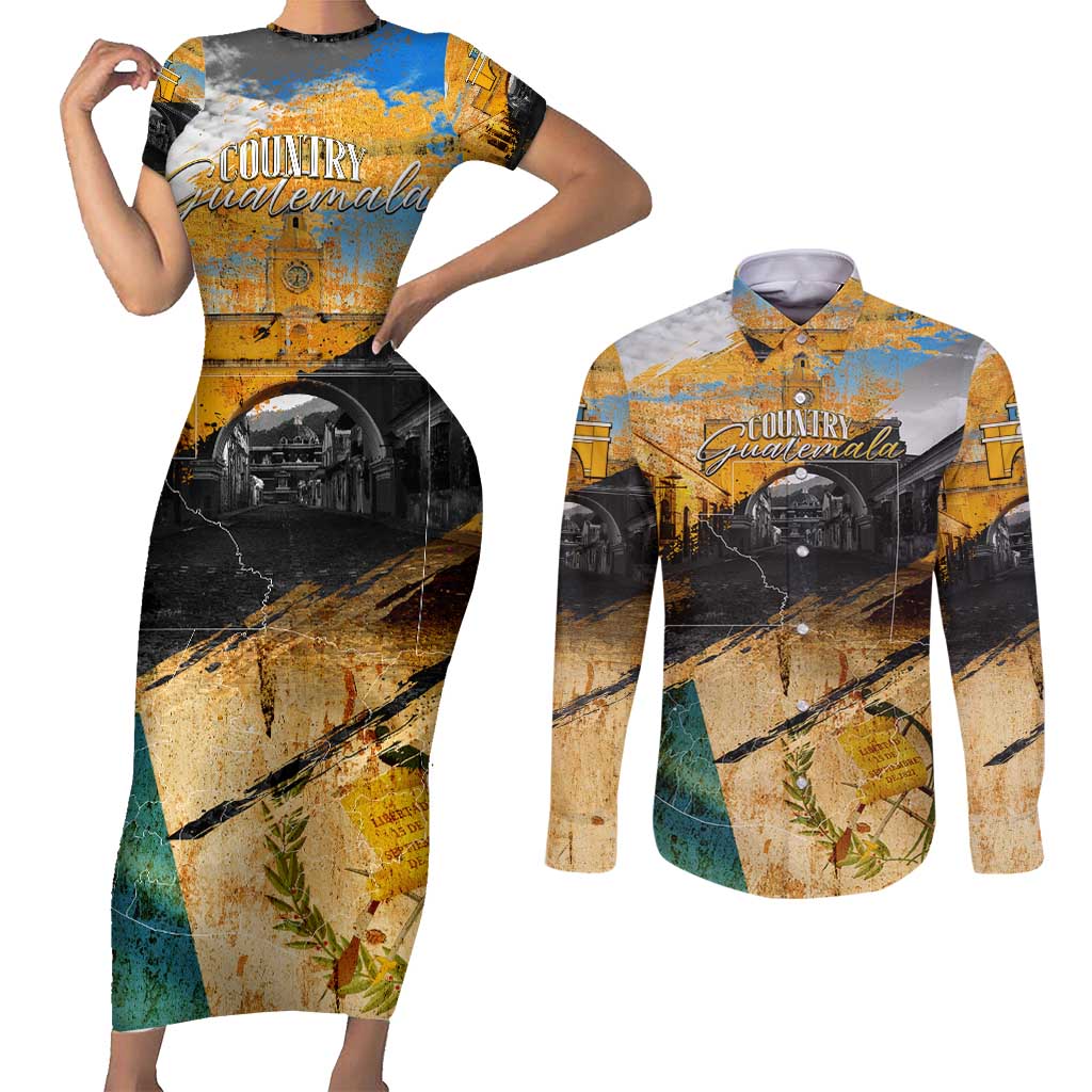 Guatemala Country Pride Couples Matching Short Sleeve Bodycon Dress and Long Sleeve Button Shirt Grunge Map Art with National Landmark Flag Texture - Wonder Print Shop
