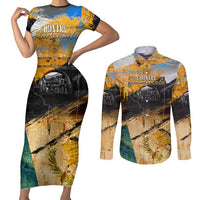 Guatemala Country Pride Couples Matching Short Sleeve Bodycon Dress and Long Sleeve Button Shirt Grunge Map Art with National Landmark Flag Texture - Wonder Print Shop