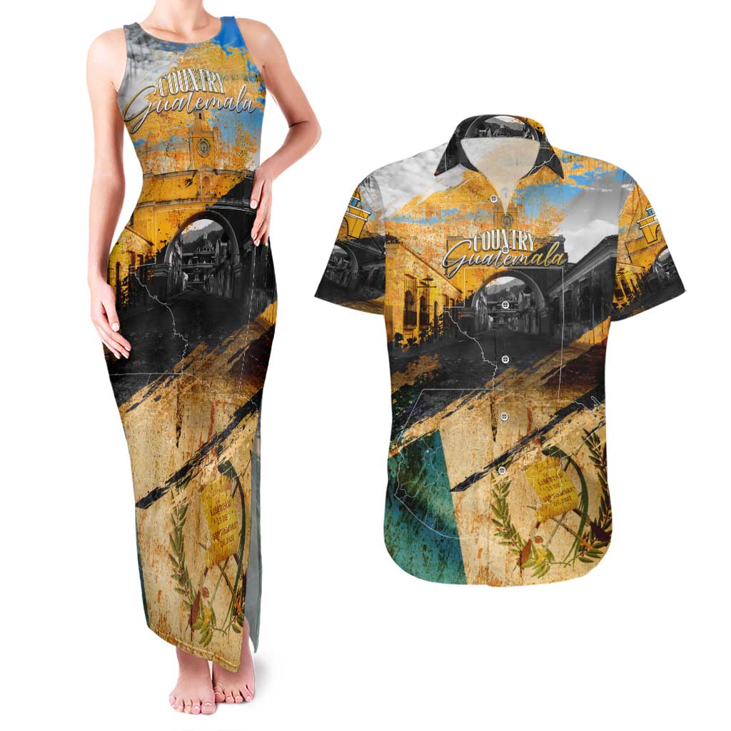 Guatemala Country Pride Couples Matching Tank Maxi Dress and Hawaiian Shirt Grunge Map Art with National Landmark Flag Texture - Wonder Print Shop