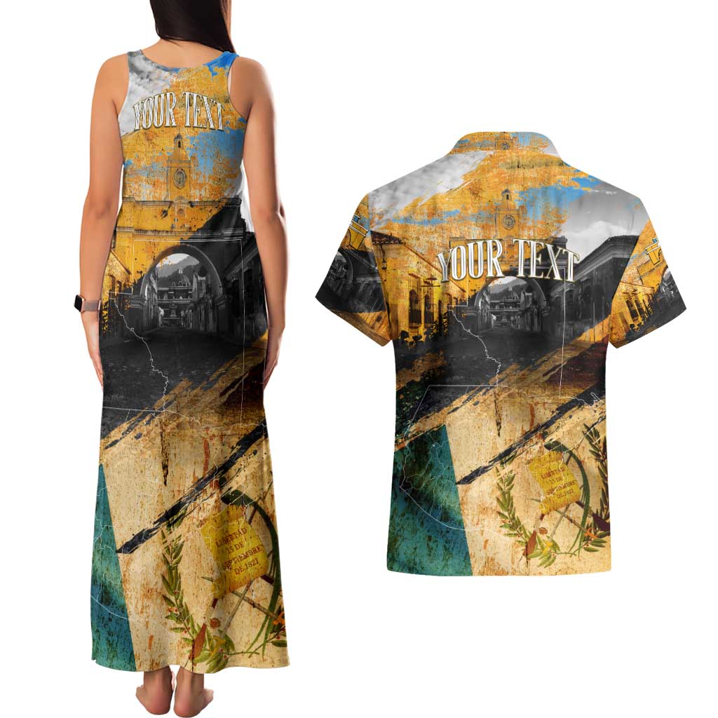 Guatemala Country Pride Couples Matching Tank Maxi Dress and Hawaiian Shirt Grunge Map Art with National Landmark Flag Texture - Wonder Print Shop