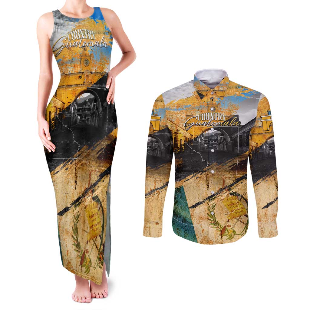 Guatemala Country Pride Couples Matching Tank Maxi Dress and Long Sleeve Button Shirt Grunge Map Art with National Landmark Flag Texture - Wonder Print Shop