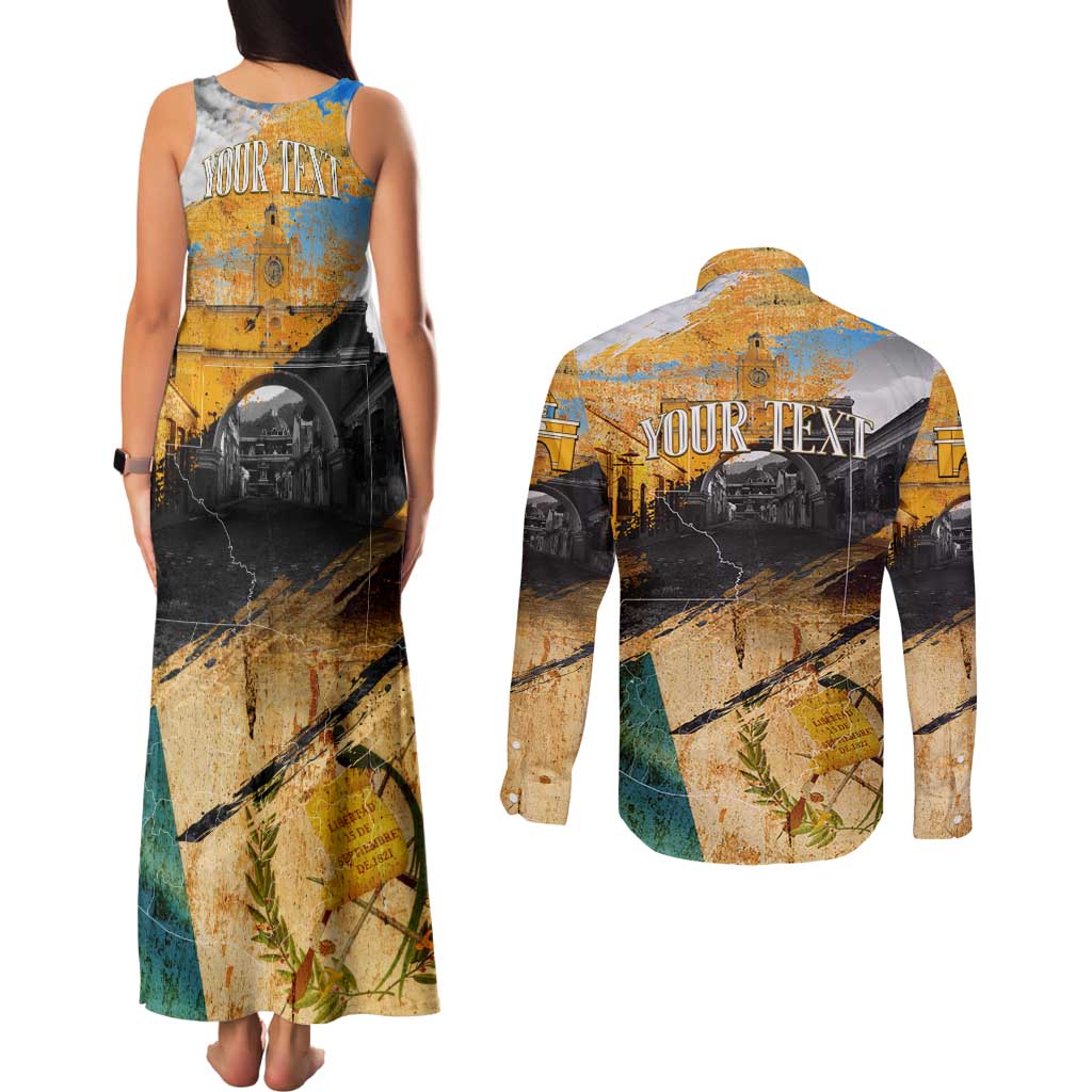 Guatemala Country Pride Couples Matching Tank Maxi Dress and Long Sleeve Button Shirt Grunge Map Art with National Landmark Flag Texture - Wonder Print Shop