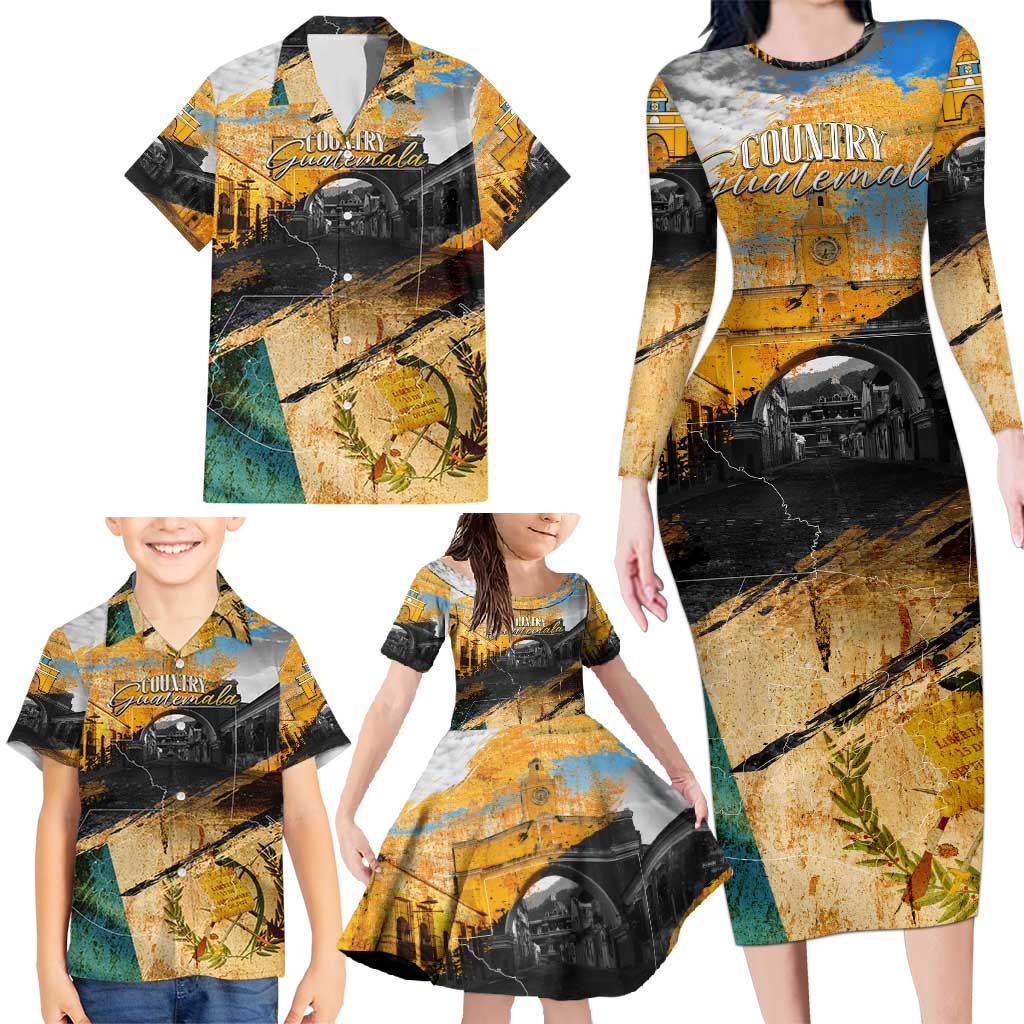 Guatemala Country Pride Family Matching Long Sleeve Bodycon Dress and Hawaiian Shirt Grunge Map Art with National Landmark Flag Texture - Wonder Print Shop