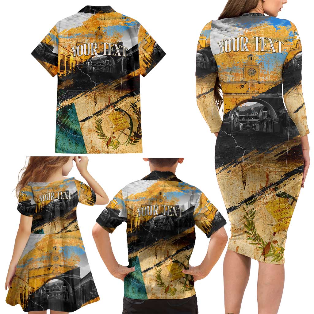 Guatemala Country Pride Family Matching Long Sleeve Bodycon Dress and Hawaiian Shirt Grunge Map Art with National Landmark Flag Texture - Wonder Print Shop