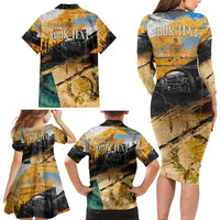 Guatemala Country Pride Family Matching Long Sleeve Bodycon Dress and Hawaiian Shirt Grunge Map Art with National Landmark Flag Texture - Wonder Print Shop