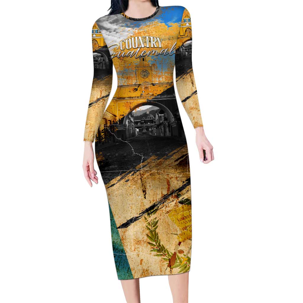 Guatemala Country Pride Family Matching Long Sleeve Bodycon Dress and Hawaiian Shirt Grunge Map Art with National Landmark Flag Texture - Wonder Print Shop