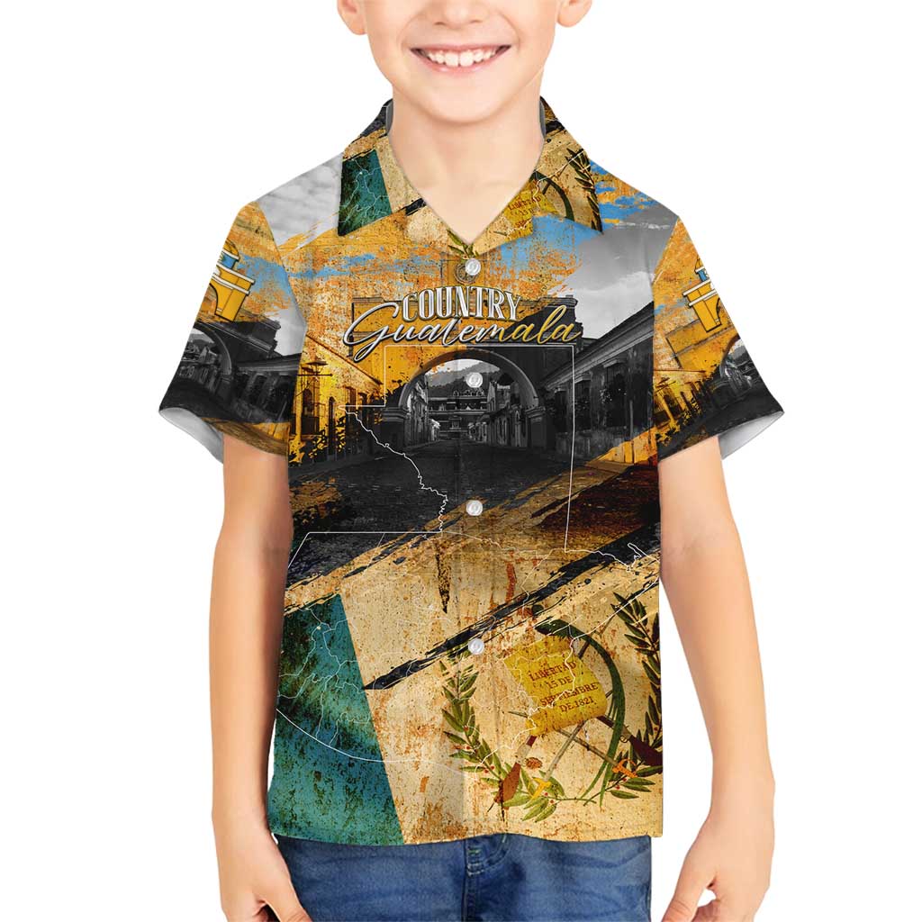 Guatemala Country Pride Family Matching Long Sleeve Bodycon Dress and Hawaiian Shirt Grunge Map Art with National Landmark Flag Texture - Wonder Print Shop