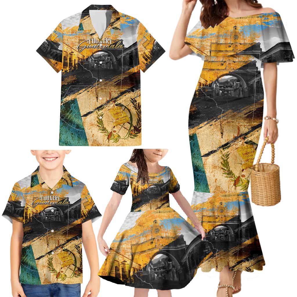 Guatemala Country Pride Family Matching Mermaid Dress and Hawaiian Shirt Grunge Map Art with National Landmark Flag Texture - Wonder Print Shop
