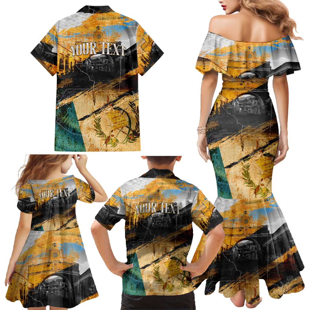 Guatemala Country Pride Family Matching Mermaid Dress and Hawaiian Shirt Grunge Map Art with National Landmark Flag Texture - Wonder Print Shop
