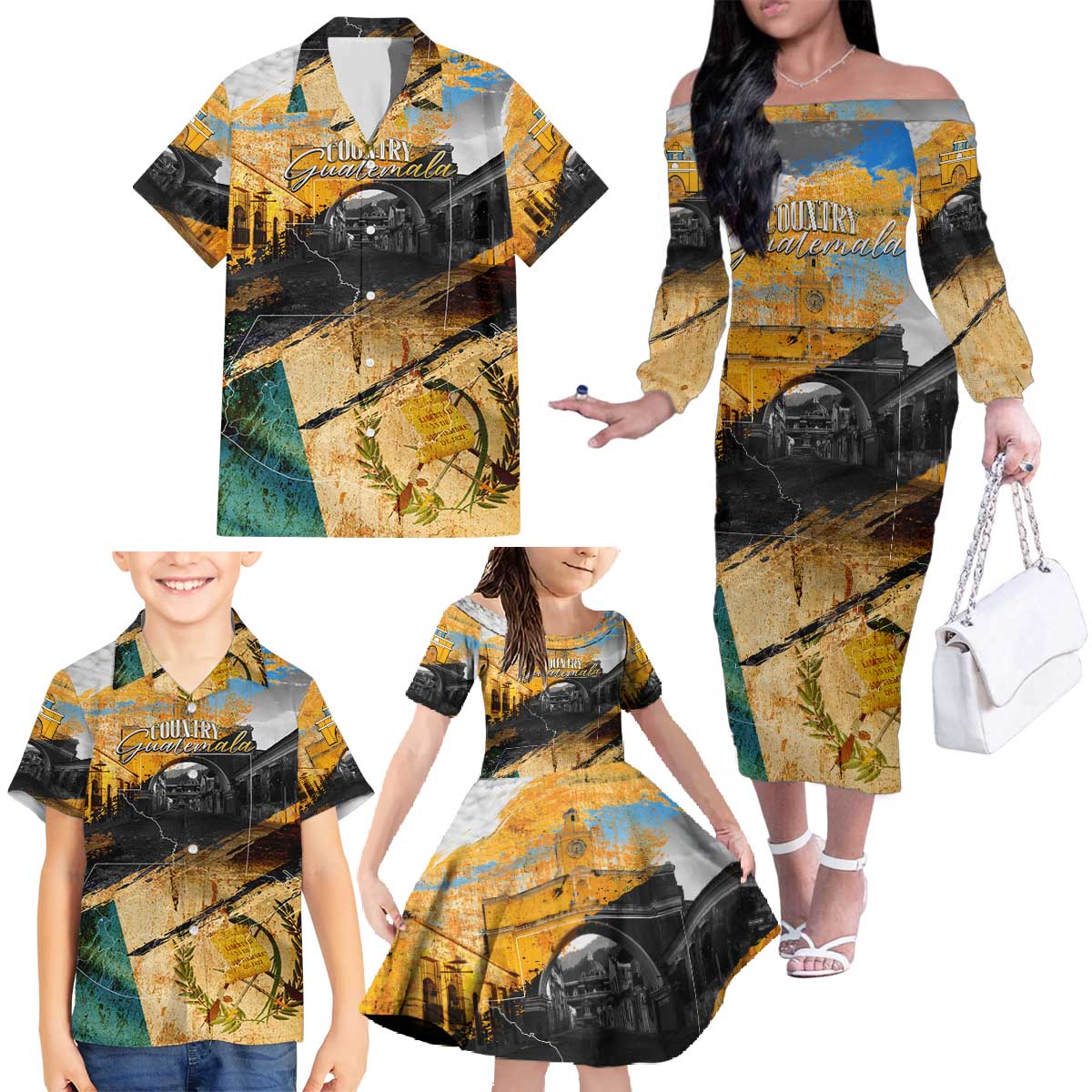 Guatemala Country Pride Family Matching Off The Shoulder Long Sleeve Dress and Hawaiian Shirt Grunge Map Art with National Landmark Flag Texture - Wonder Print Shop