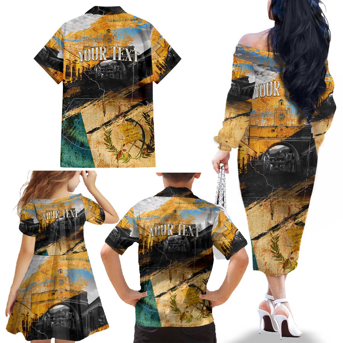 Guatemala Country Pride Family Matching Off The Shoulder Long Sleeve Dress and Hawaiian Shirt Grunge Map Art with National Landmark Flag Texture - Wonder Print Shop