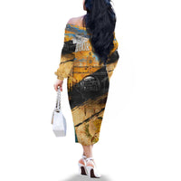 Guatemala Country Pride Family Matching Off The Shoulder Long Sleeve Dress and Hawaiian Shirt Grunge Map Art with National Landmark Flag Texture - Wonder Print Shop