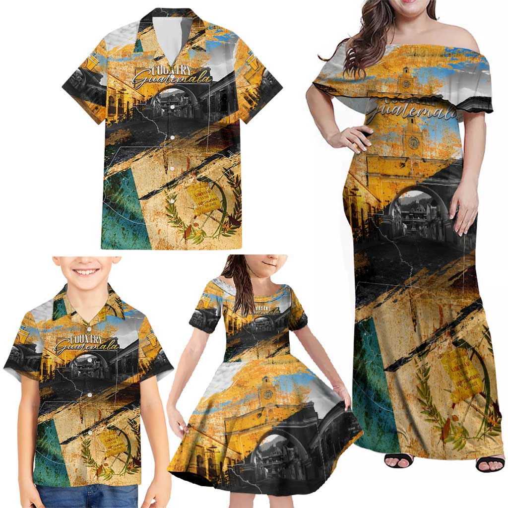 Guatemala Country Pride Family Matching Off Shoulder Maxi Dress and Hawaiian Shirt Grunge Map Art with National Landmark Flag Texture - Wonder Print Shop