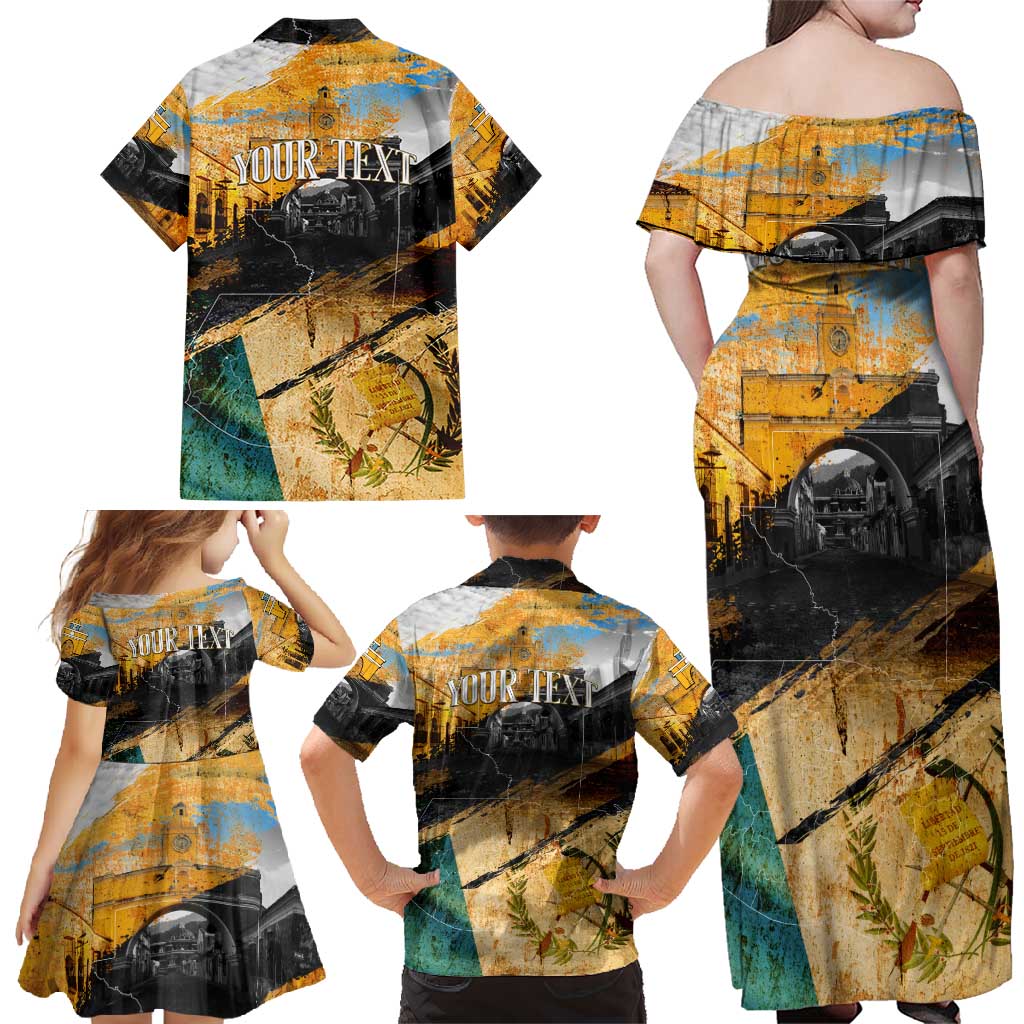 Guatemala Country Pride Family Matching Off Shoulder Maxi Dress and Hawaiian Shirt Grunge Map Art with National Landmark Flag Texture - Wonder Print Shop