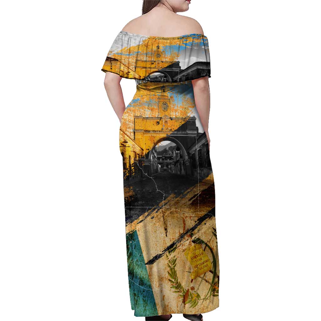 Guatemala Country Pride Family Matching Off Shoulder Maxi Dress and Hawaiian Shirt Grunge Map Art with National Landmark Flag Texture - Wonder Print Shop