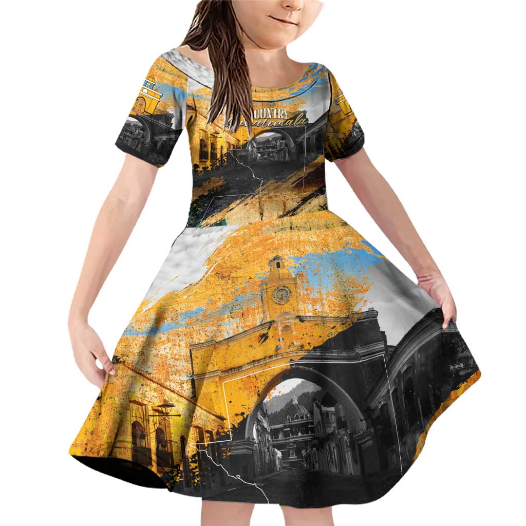 Guatemala Country Pride Family Matching Off Shoulder Short Dress and Hawaiian Shirt Grunge Map Art with National Landmark Flag Texture - Wonder Print Shop
