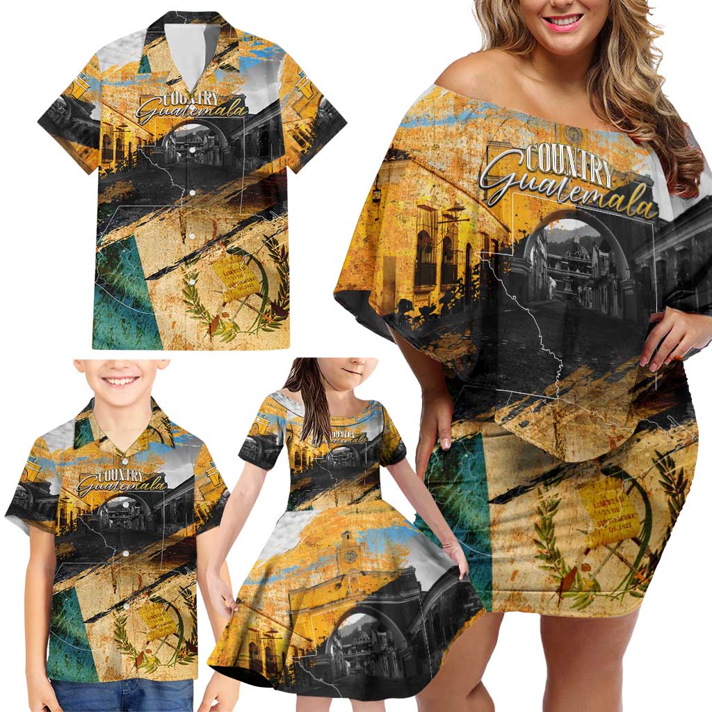 Guatemala Country Pride Family Matching Off Shoulder Short Dress and Hawaiian Shirt Grunge Map Art with National Landmark Flag Texture - Wonder Print Shop