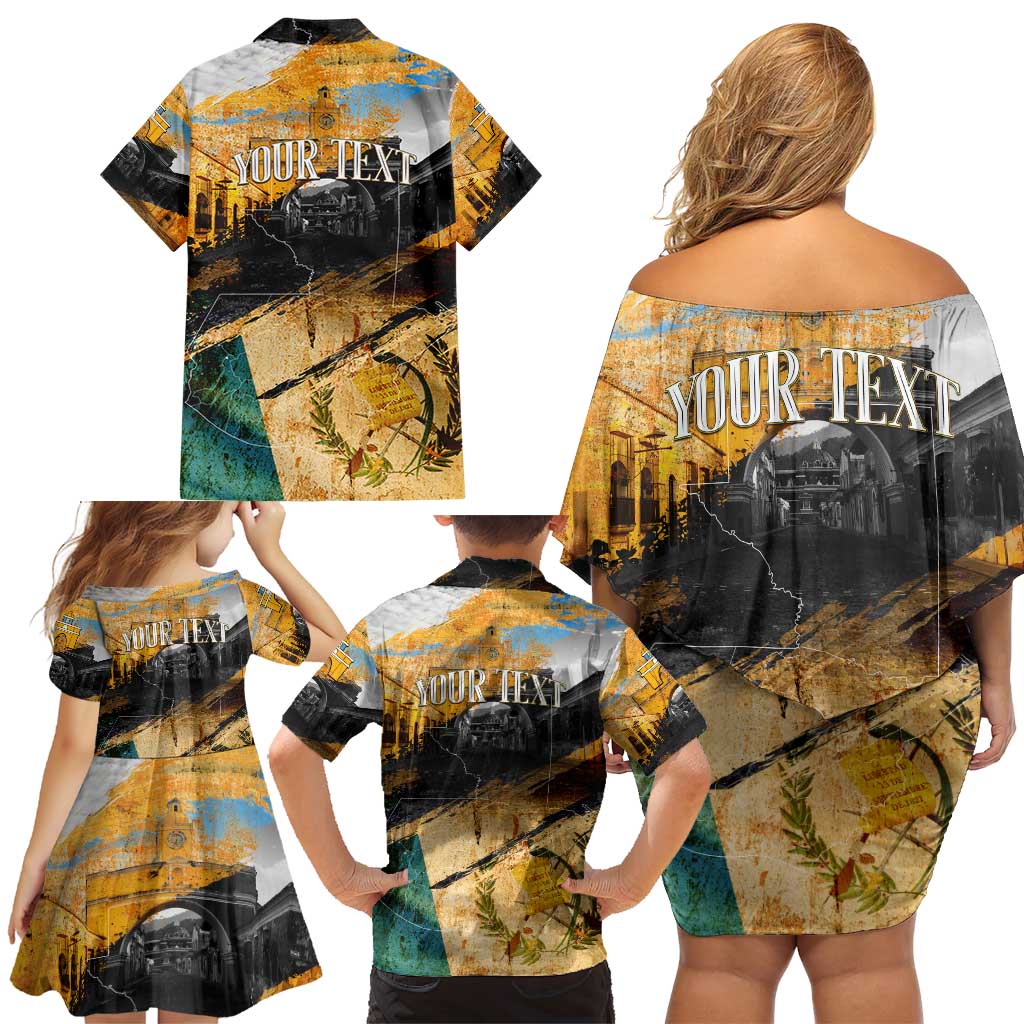 Guatemala Country Pride Family Matching Off Shoulder Short Dress and Hawaiian Shirt Grunge Map Art with National Landmark Flag Texture - Wonder Print Shop