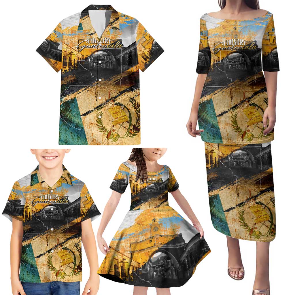 Guatemala Country Pride Family Matching Puletasi and Hawaiian Shirt Grunge Map Art with National Landmark Flag Texture - Wonder Print Shop