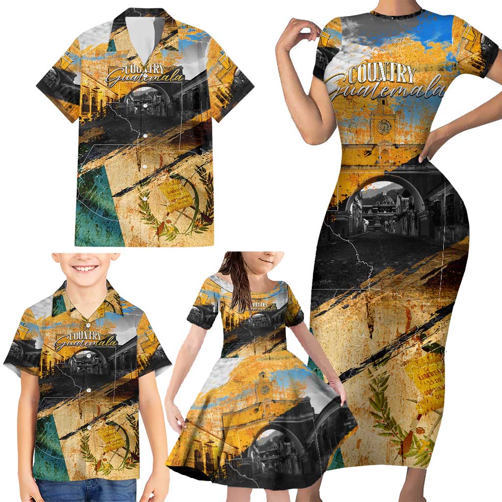 Guatemala Country Pride Family Matching Short Sleeve Bodycon Dress and Hawaiian Shirt Grunge Map Art with National Landmark Flag Texture - Wonder Print Shop