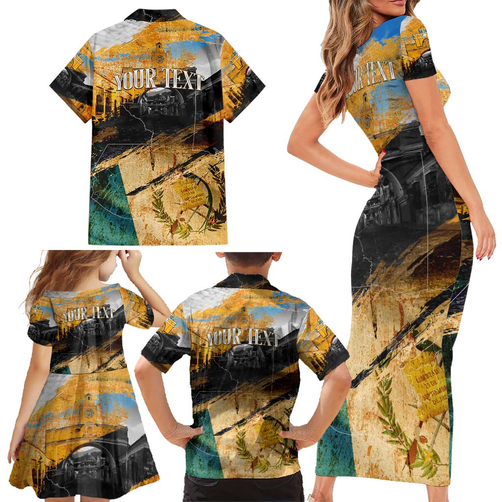 Guatemala Country Pride Family Matching Short Sleeve Bodycon Dress and Hawaiian Shirt Grunge Map Art with National Landmark Flag Texture - Wonder Print Shop