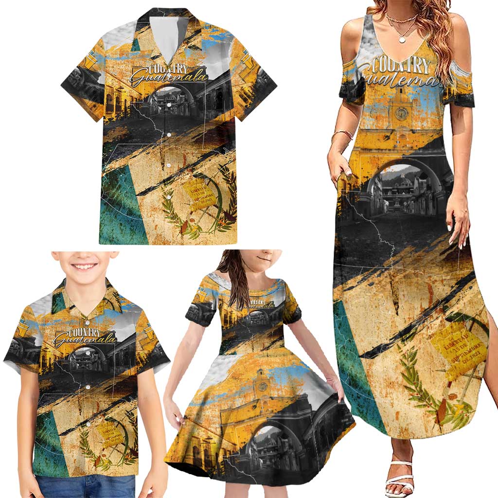 Guatemala Country Pride Family Matching Summer Maxi Dress and Hawaiian Shirt Grunge Map Art with National Landmark Flag Texture - Wonder Print Shop