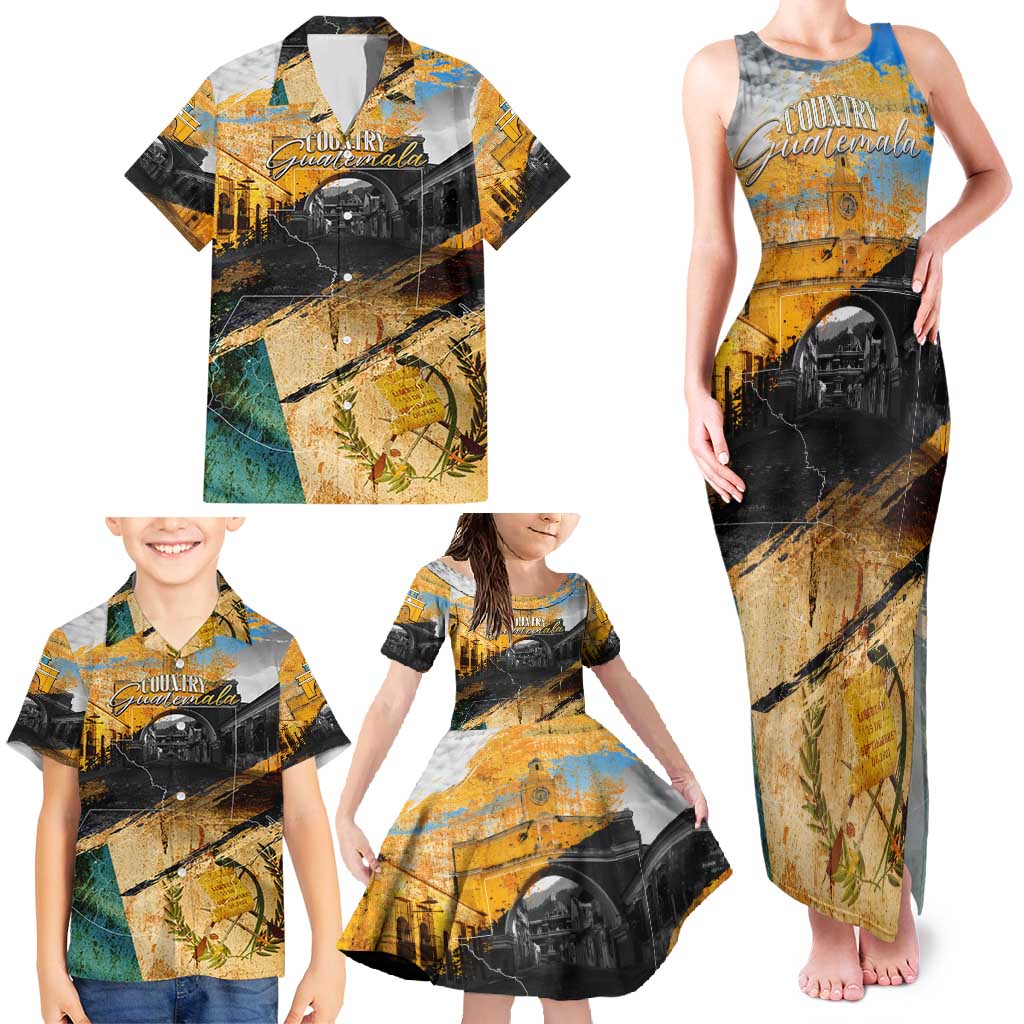Guatemala Country Pride Family Matching Tank Maxi Dress and Hawaiian Shirt Grunge Map Art with National Landmark Flag Texture - Wonder Print Shop