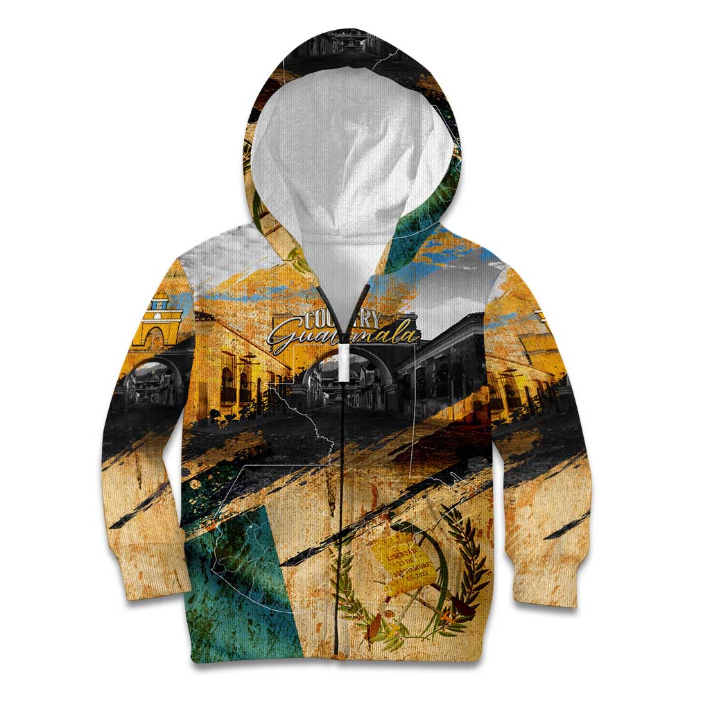 Guatemala Country Pride Kid Hoodie Grunge Map Art with National Landmark Flag Texture - Wonder Print Shop