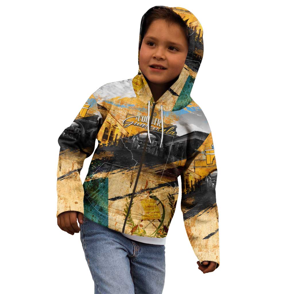 Guatemala Country Pride Kid Hoodie Grunge Map Art with National Landmark Flag Texture - Wonder Print Shop