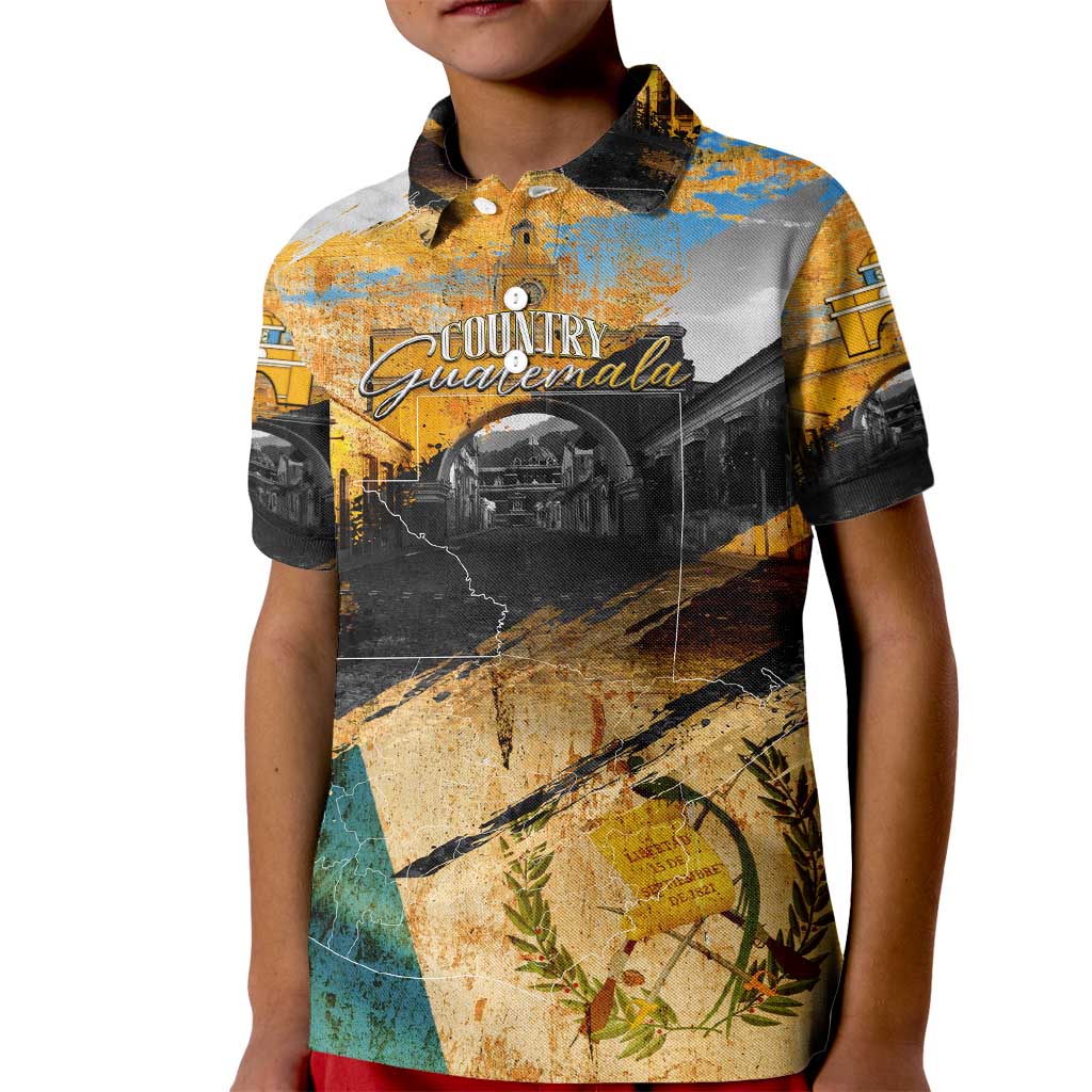 Guatemala Country Pride Kid Polo Shirt Grunge Map Art with National Landmark Flag Texture - Wonder Print Shop
