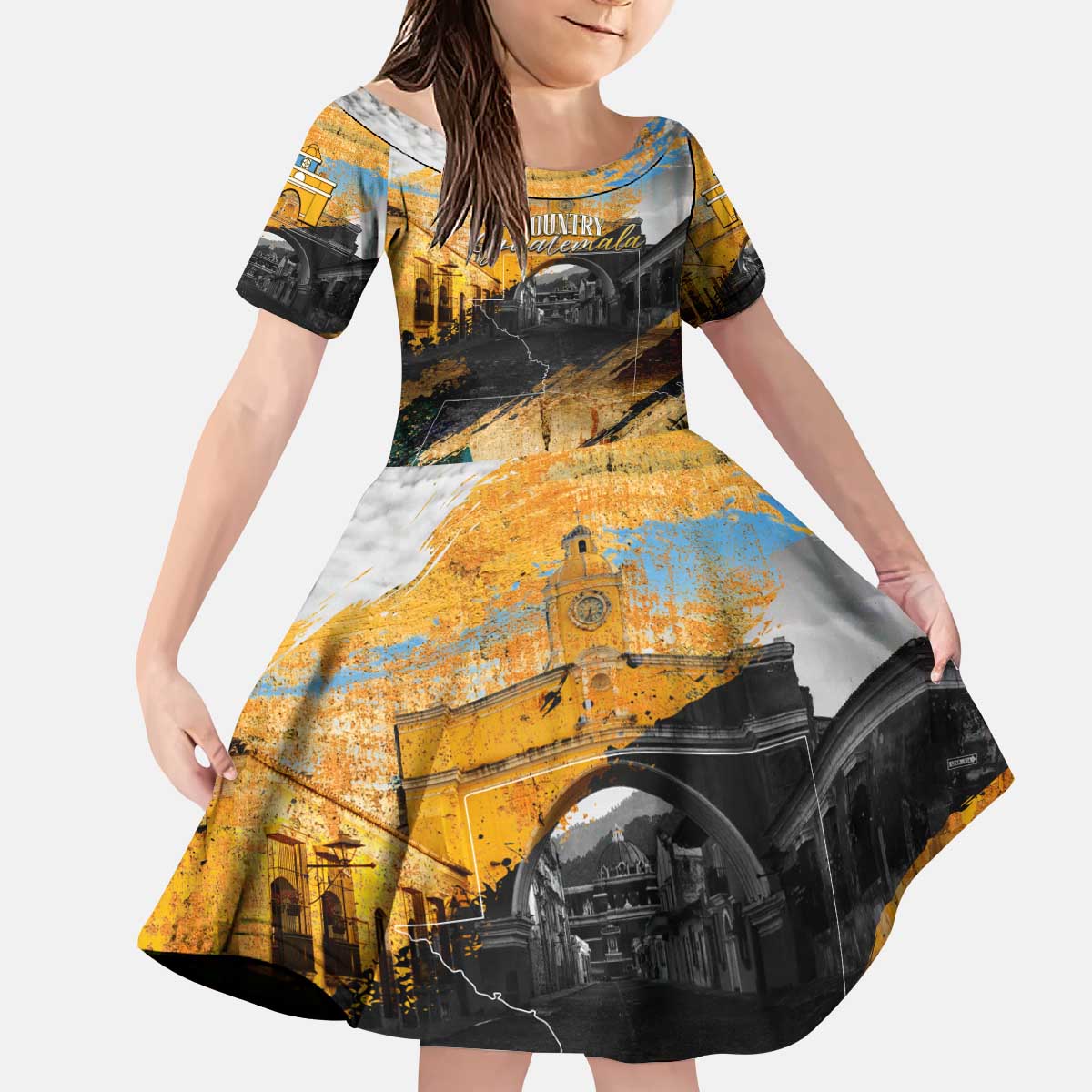 Guatemala Country Pride Kid Short Sleeve Dress Grunge Map Art with National Landmark Flag Texture - Wonder Print Shop