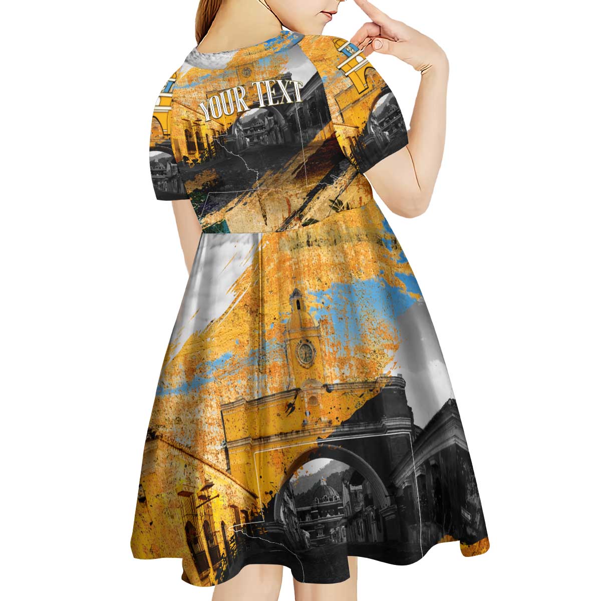 Guatemala Country Pride Kid Short Sleeve Dress Grunge Map Art with National Landmark Flag Texture - Wonder Print Shop