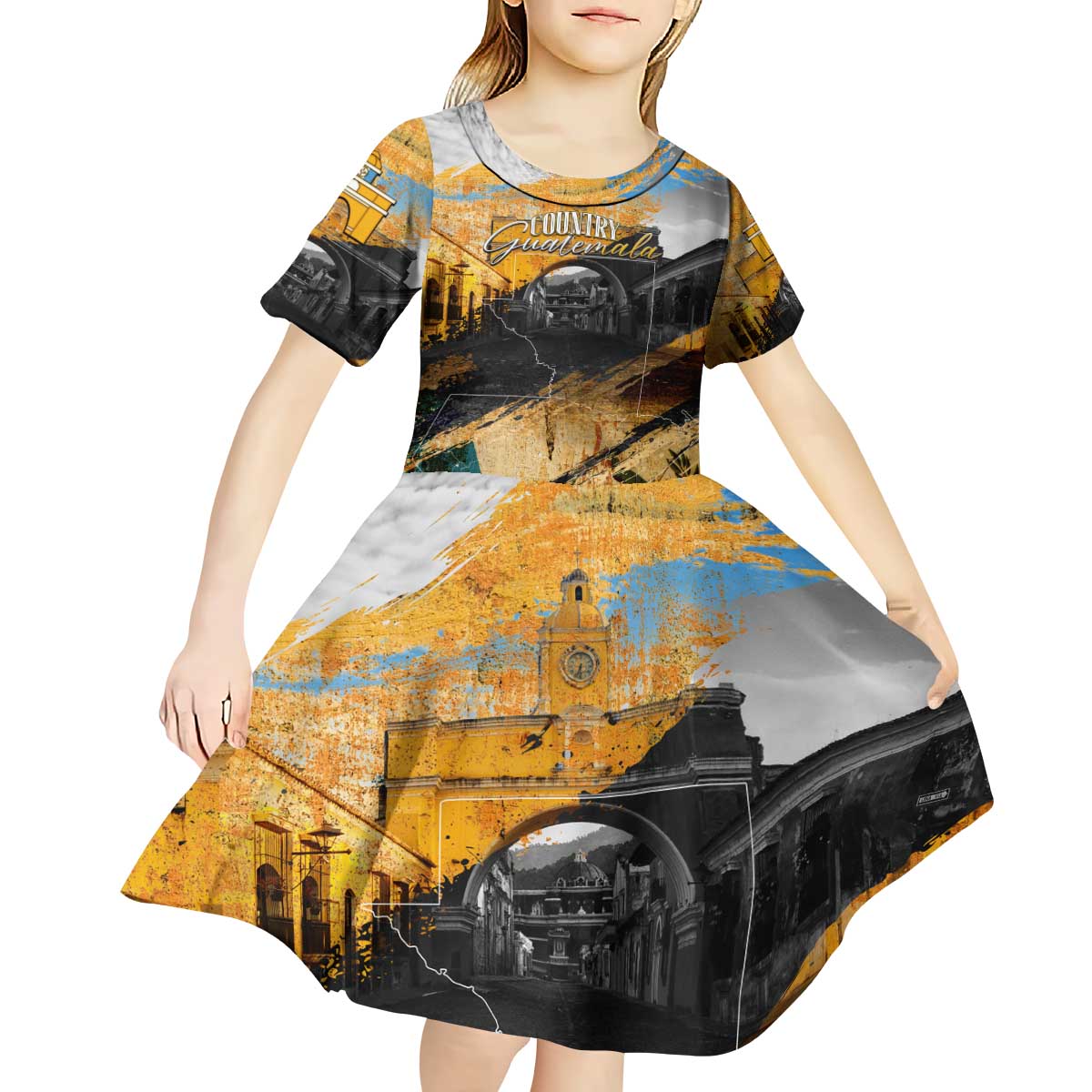 Guatemala Country Pride Kid Short Sleeve Dress Grunge Map Art with National Landmark Flag Texture - Wonder Print Shop