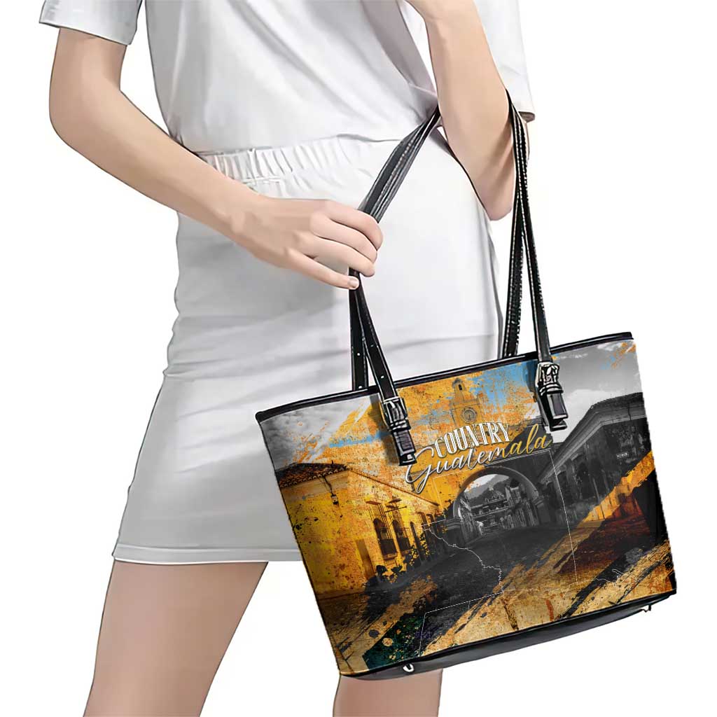 Guatemala Country Pride Leather Tote Bag Grunge Map Art with National Landmark Flag Texture - Wonder Print Shop