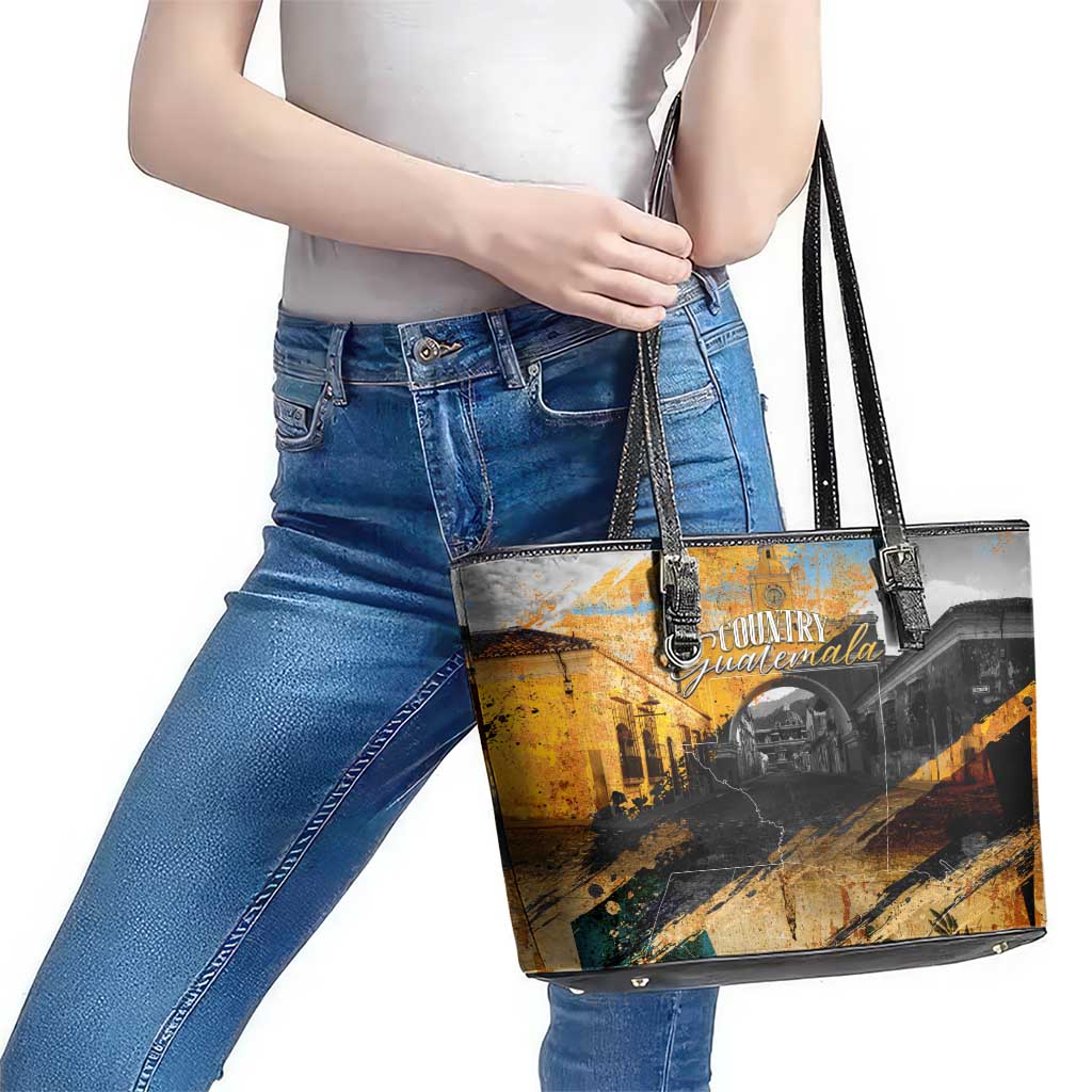 Guatemala Country Pride Leather Tote Bag Grunge Map Art with National Landmark Flag Texture - Wonder Print Shop