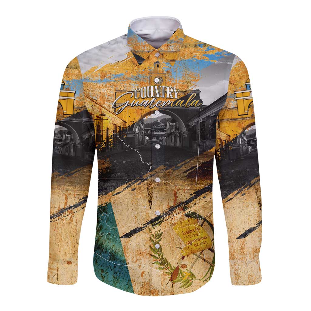 Guatemala Country Pride Long Sleeve Button Shirt Grunge Map Art with National Landmark Flag Texture - Wonder Print Shop