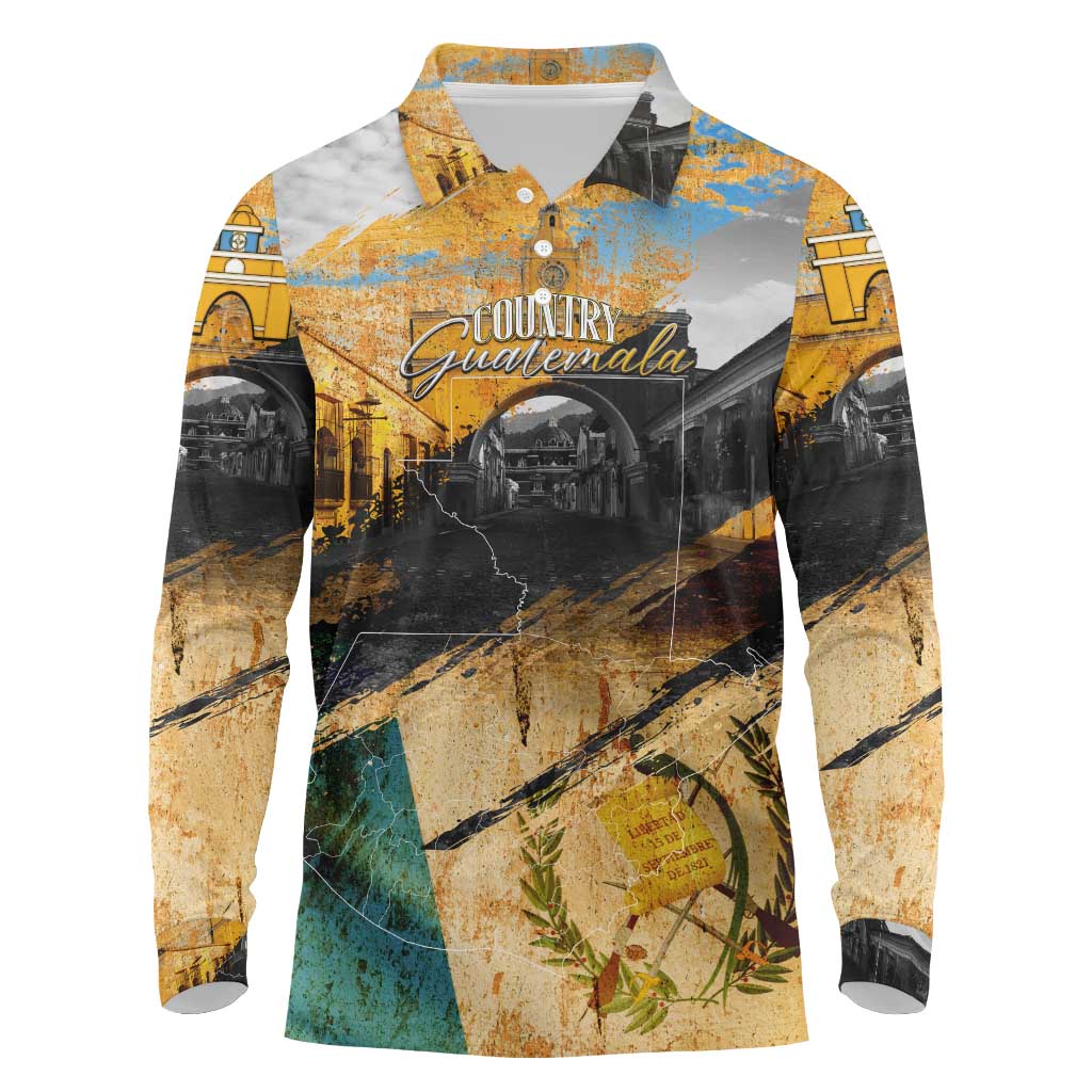 Guatemala Country Pride Long Sleeve Polo Shirt Grunge Map Art with National Landmark Flag Texture - Wonder Print Shop