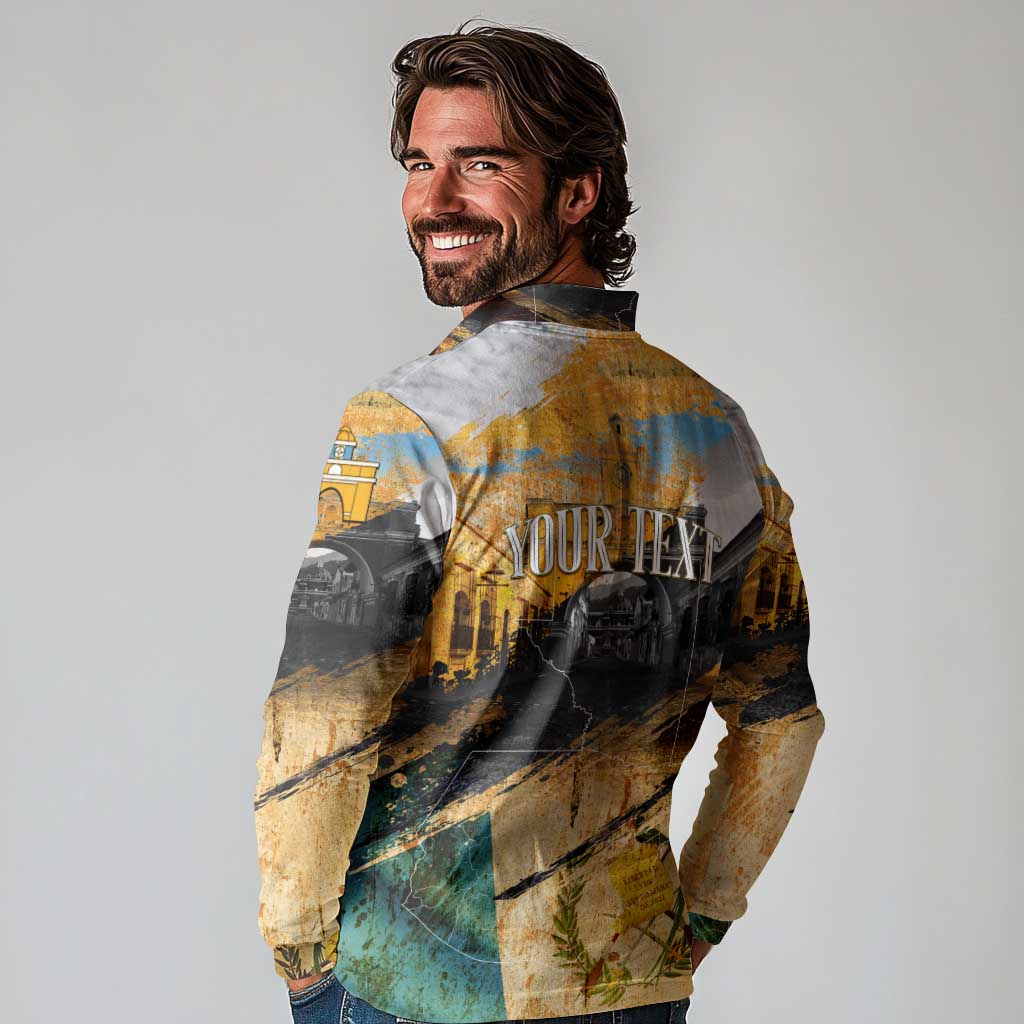 Guatemala Country Pride Long Sleeve Polo Shirt Grunge Map Art with National Landmark Flag Texture - Wonder Print Shop
