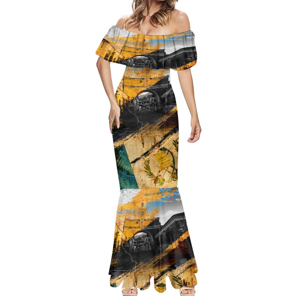 Guatemala Country Pride Mermaid Dress Grunge Map Art with National Landmark Flag Texture - Wonder Print Shop