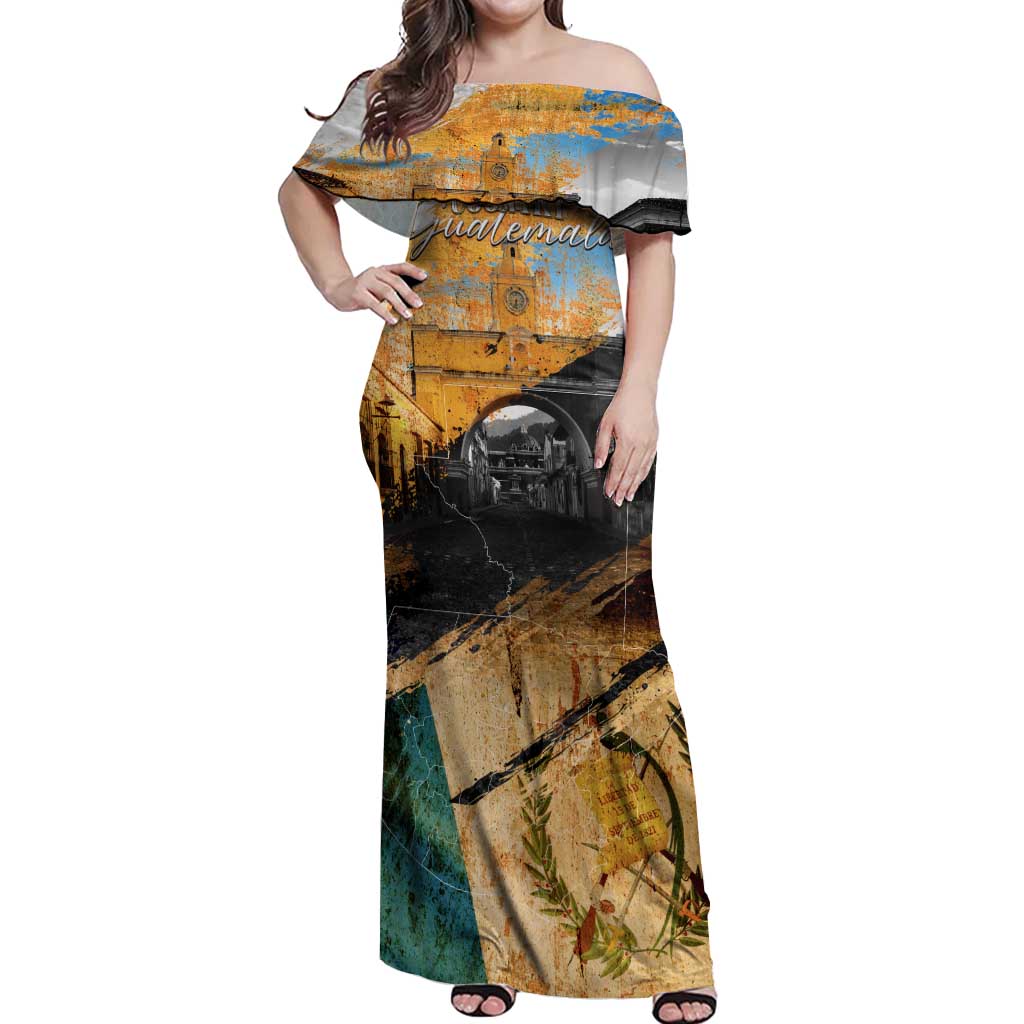 Guatemala Country Pride Off Shoulder Maxi Dress Grunge Map Art with National Landmark Flag Texture - Wonder Print Shop